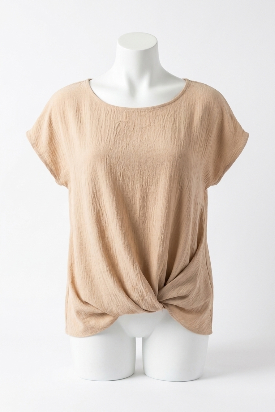 NEW GILLI solid woven tee with front knot detail in beige